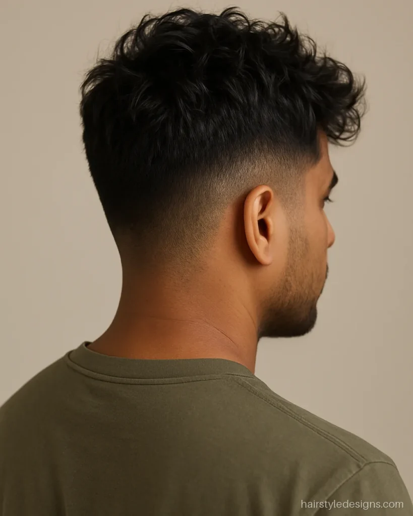 Low fade with messy top hairstyle on wavy hair, men's cut