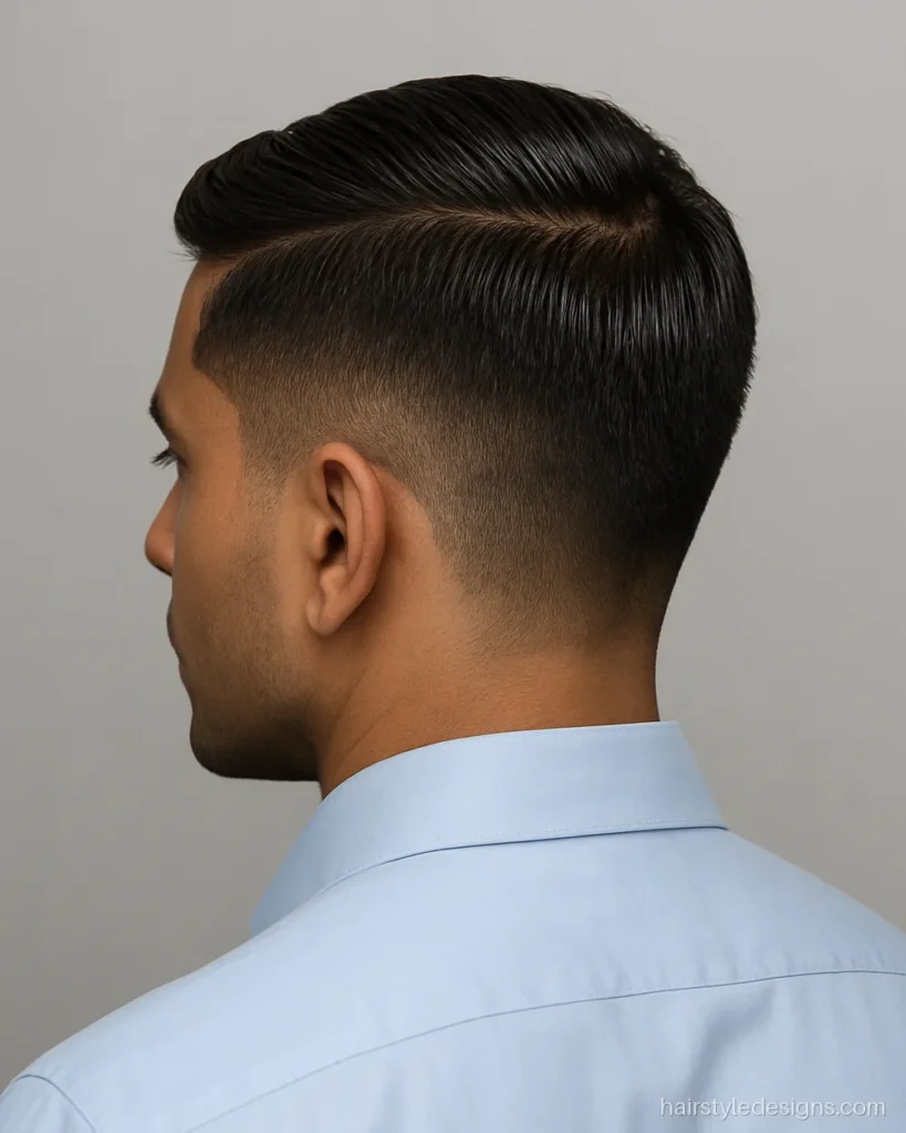 Side part fade hairstyle for men with a low fade and shaved part line