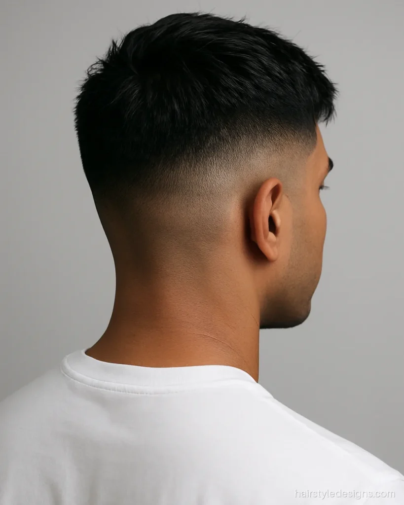 Low fade hairstyle with a textured top and matte finish