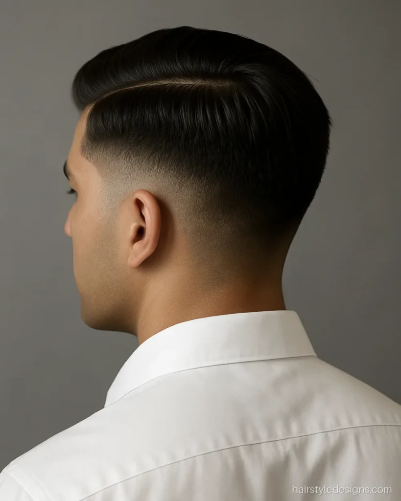 Mid fade cut hairstyle with a classic comb over and soft shine