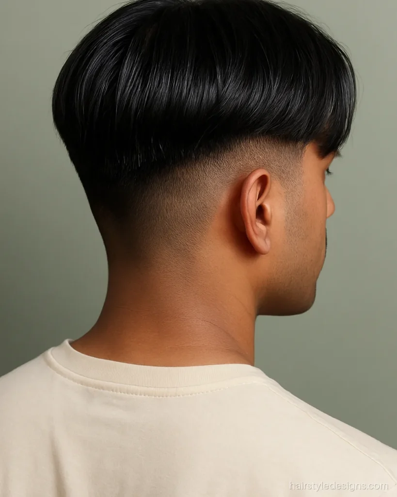 Mid fade with a long middle part curtain top for straight hair