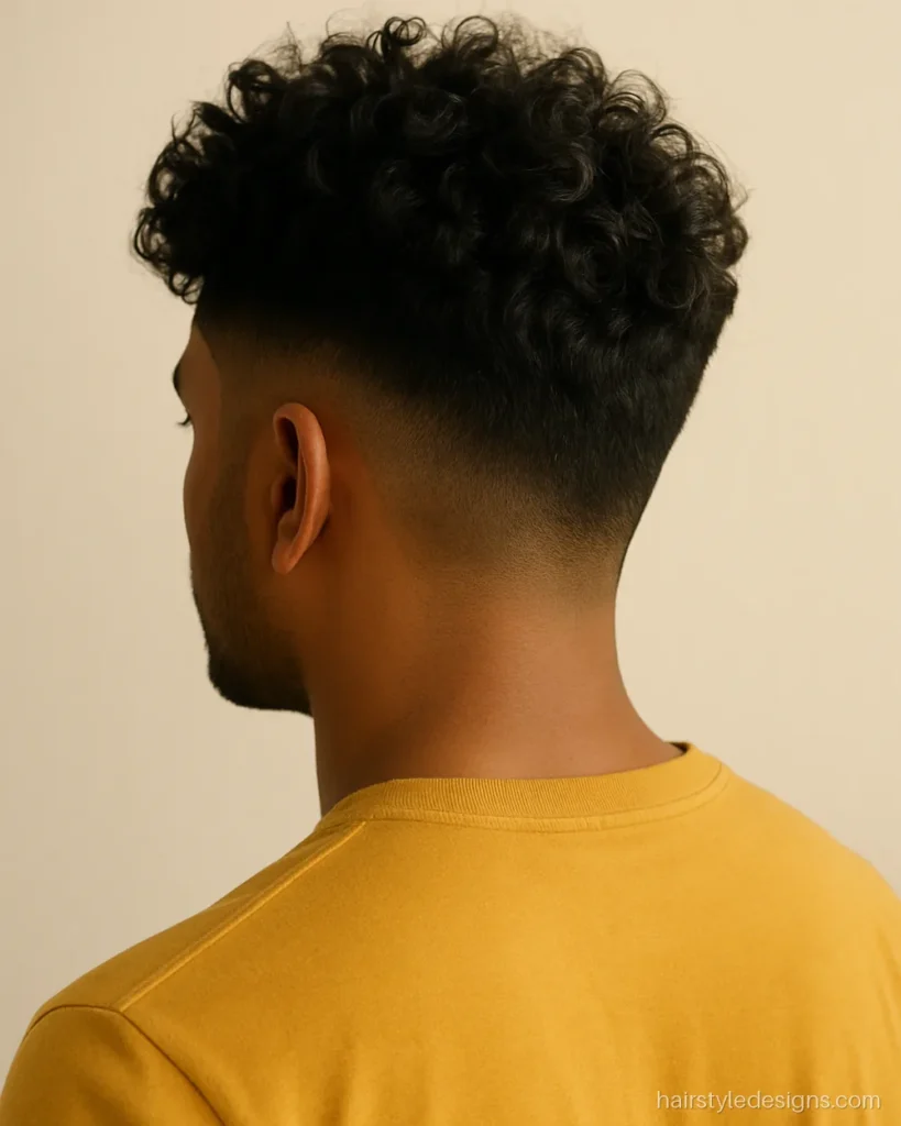 Mid fade messy top hairstyle for men with curly hair on top