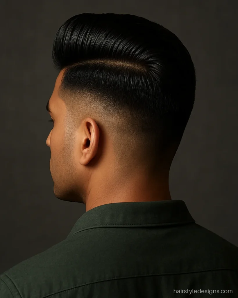 Mid fade with a glossy pompadour on a long top