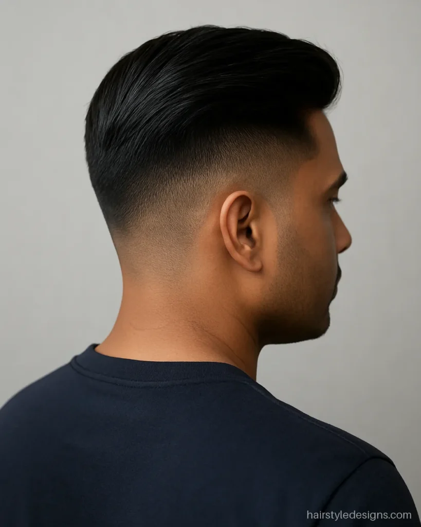 Mid fade side swept hairstyle for men with a smooth fringe