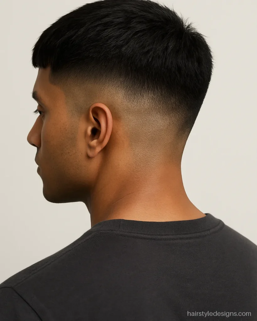 Mid fade textured top hairstyle with a short forward crop