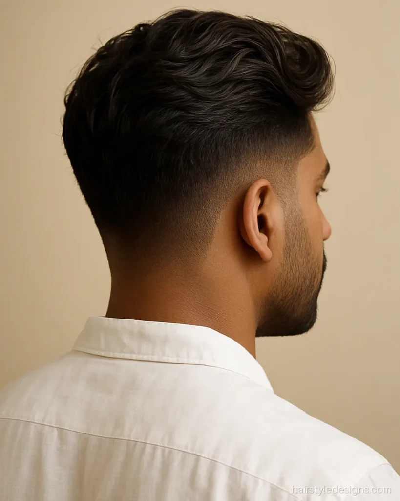 Side fade hairstyle with a long flowing top pushed back