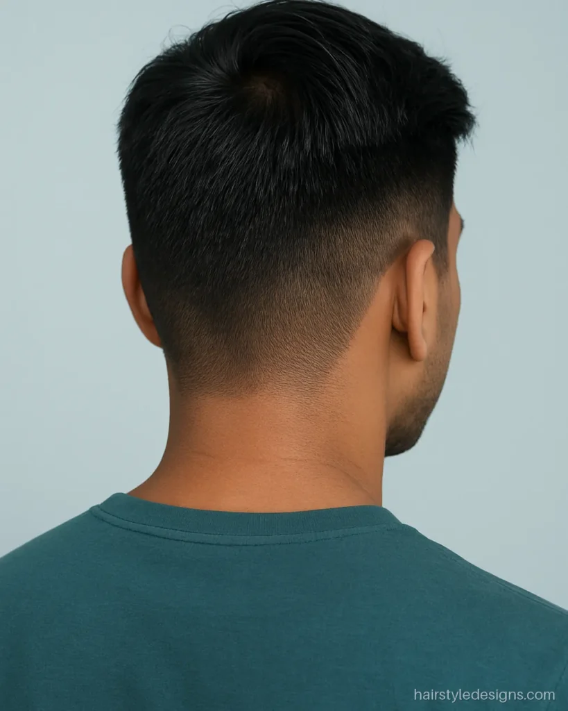 Simple undercut hairstyle with short sides and a medium top pushed back
