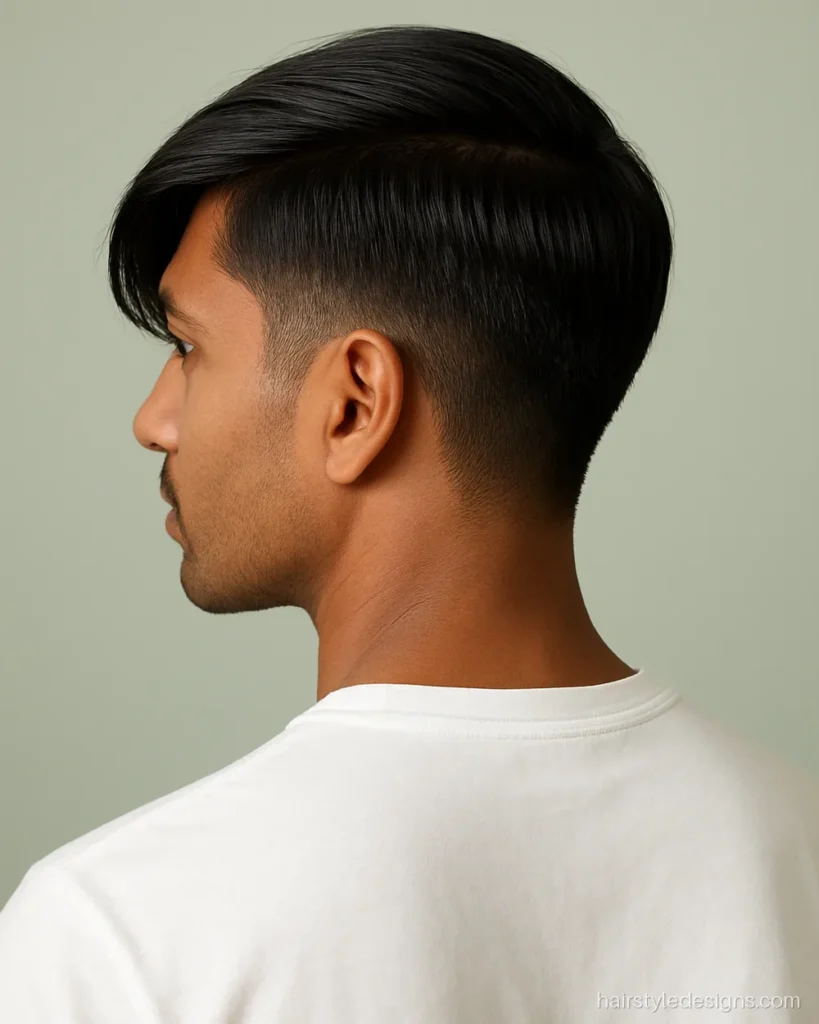 Big forehead hairstyle male look with a long side swept fringe