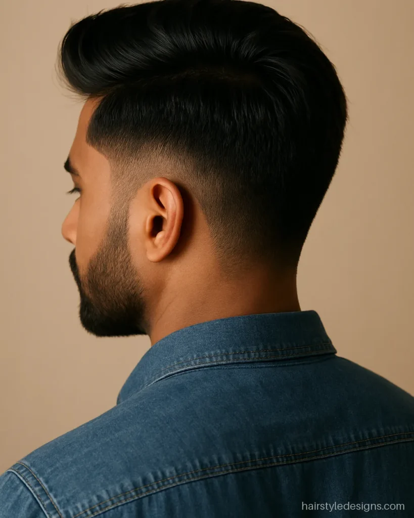 Hairstyle for round face to look slim with a quiff and beard blend