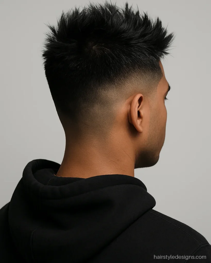 Hairstyle for chubby face men with a skin fade and spiky top