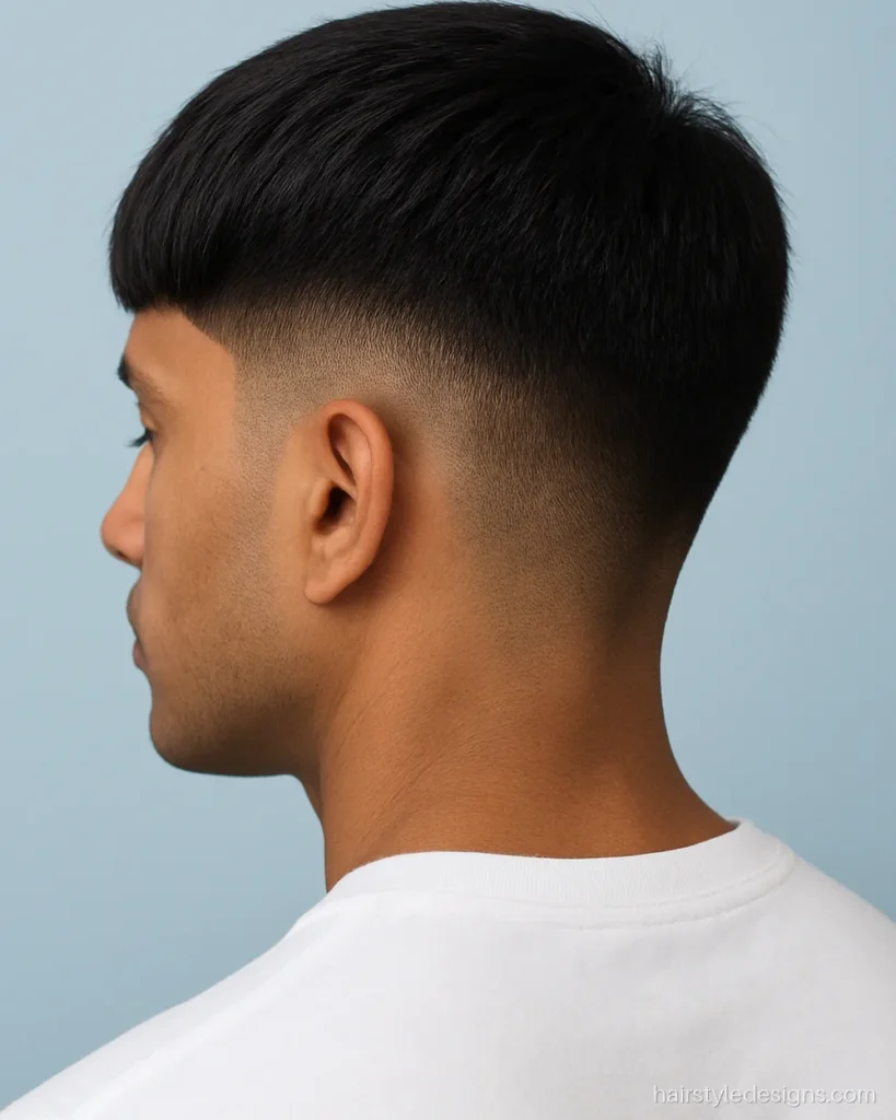 Long face hairstyle men pick, a French crop with a heavy fringe