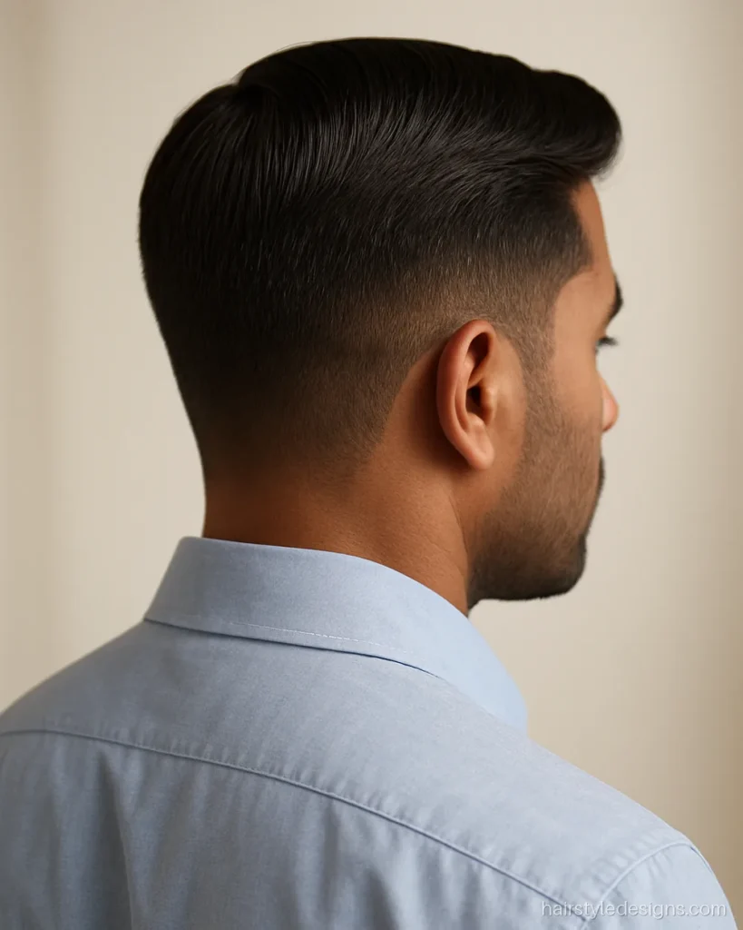 Hairstyle for oblong face men with a side part and fuller sides