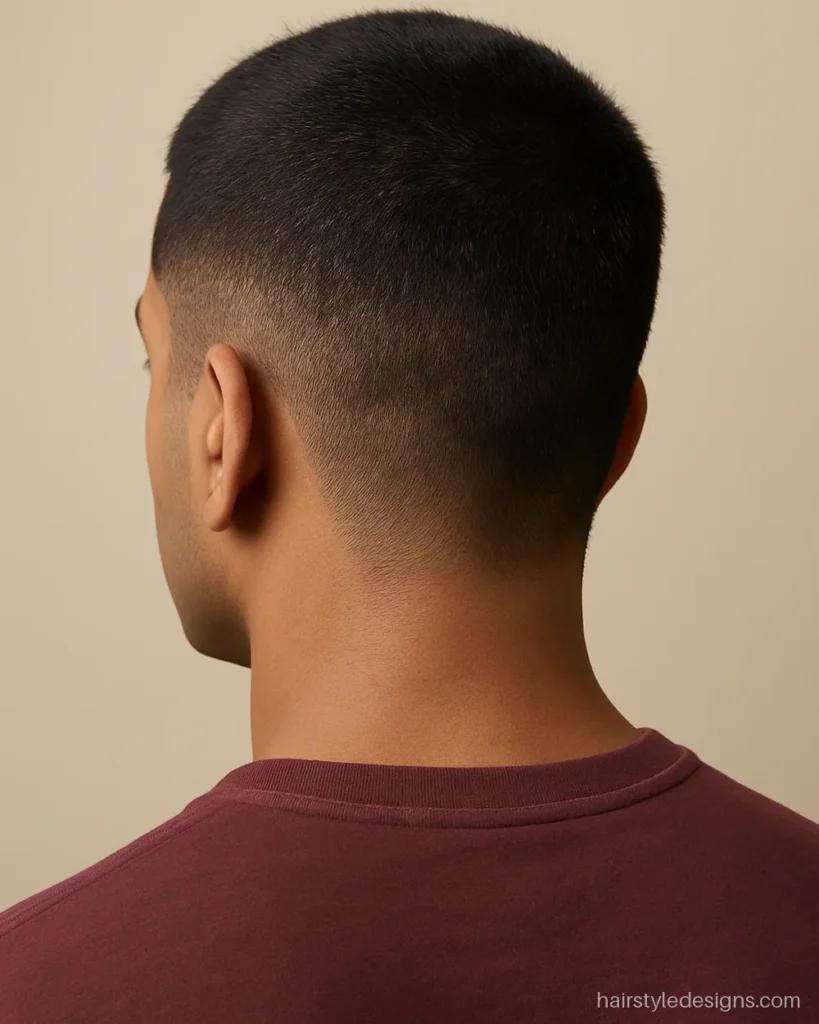 Oval face shape hairstyle with a clean buzz cut and natural line