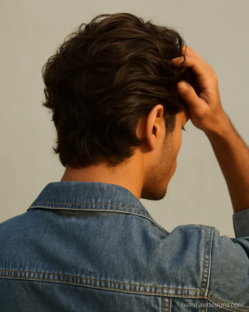 Oval shape face hairstyle male with a wavy medium flow pushed back