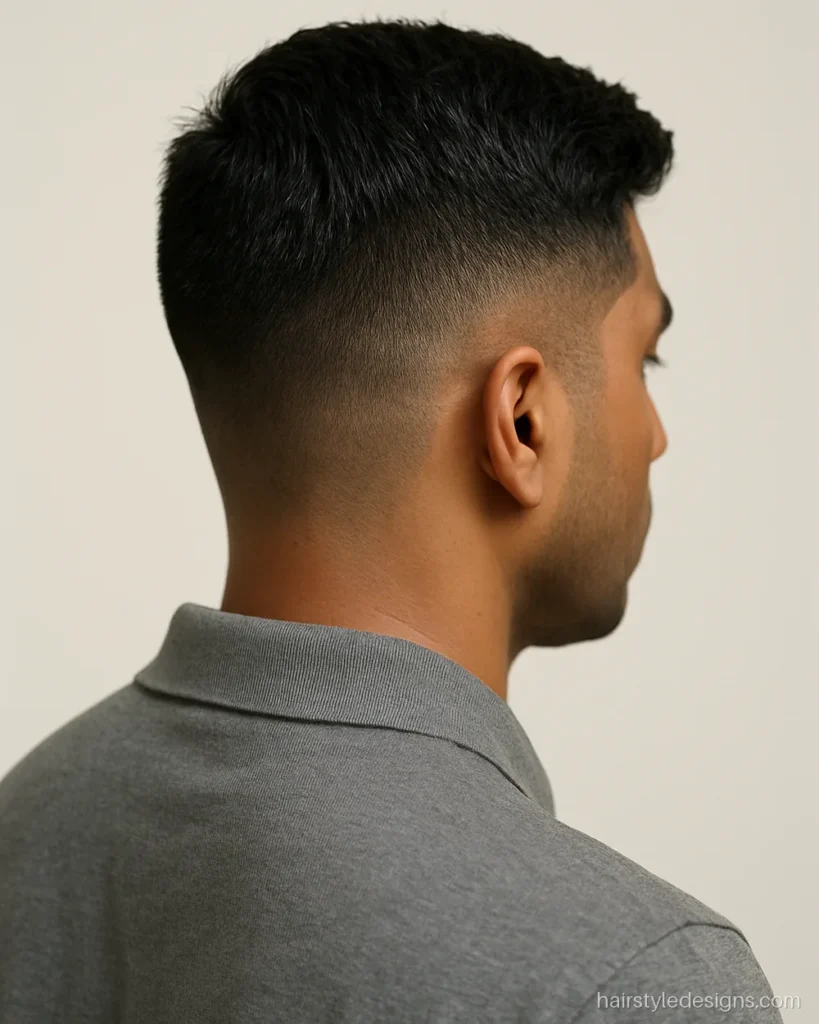 Big forehead hairstyle men option, a short textured crop with forward fringe