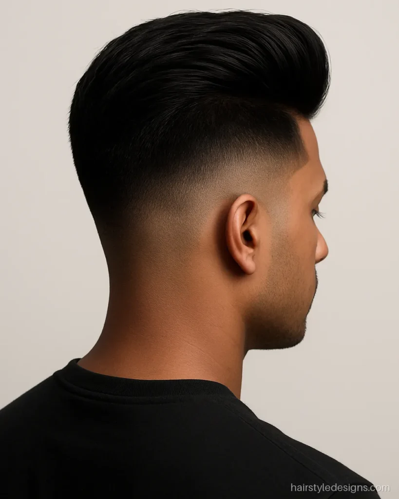 Round face hairstyle men pick with a high fade and tall pompadour