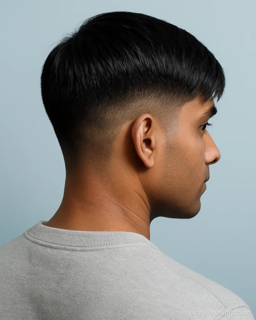 Round shape face hairstyle male with an angled fringe and short sides