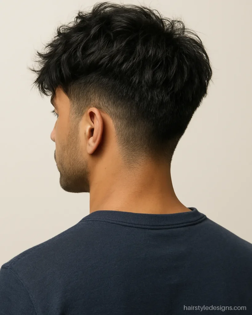 Square shape face hairstyle male look with a messy fringe and mid fade