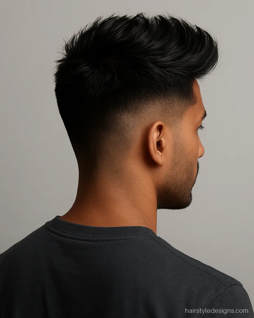 Square face hairstyle men pick, a textured quiff with a low fade