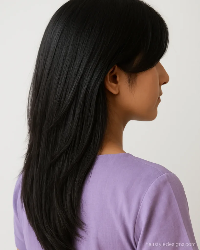 Heart face hairstyle with long side-swept bangs and open layered hair