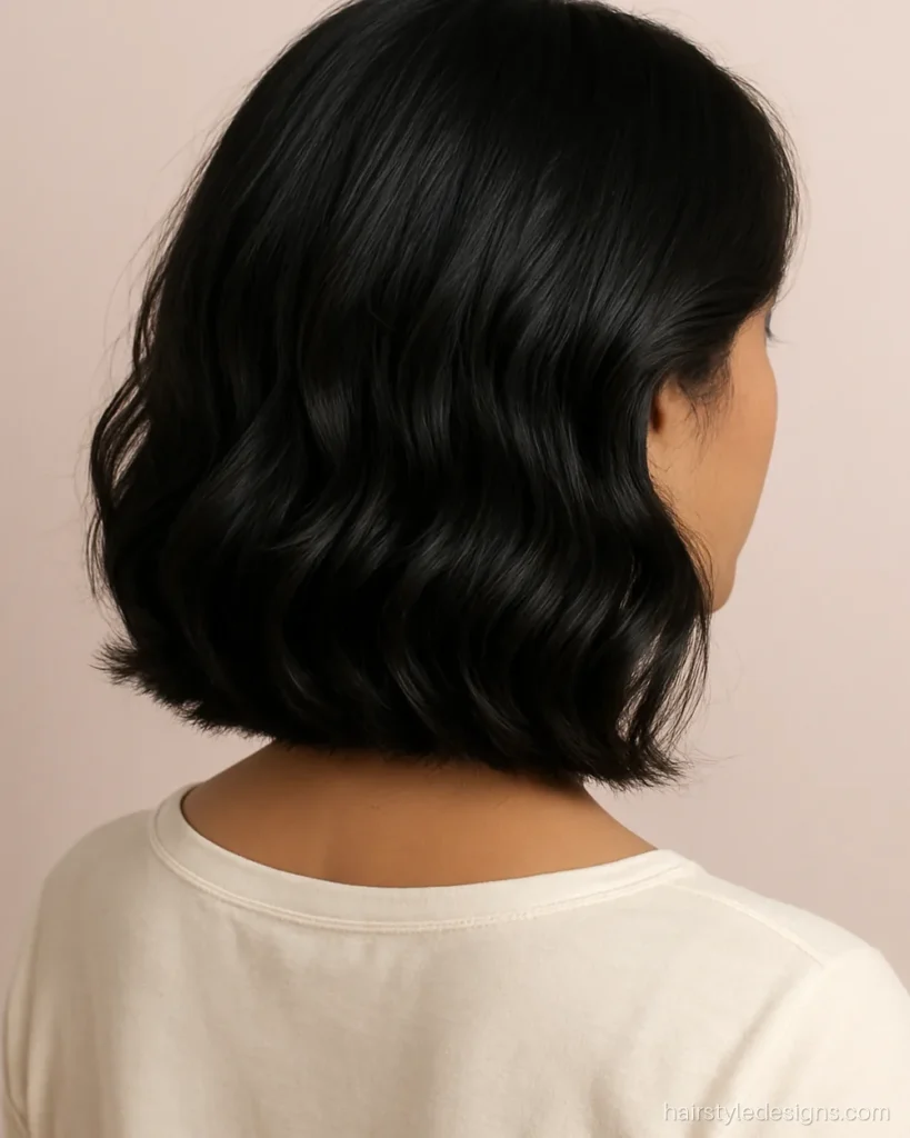 Heart shape face hairstyle female with a wavy lob that adds chin volume