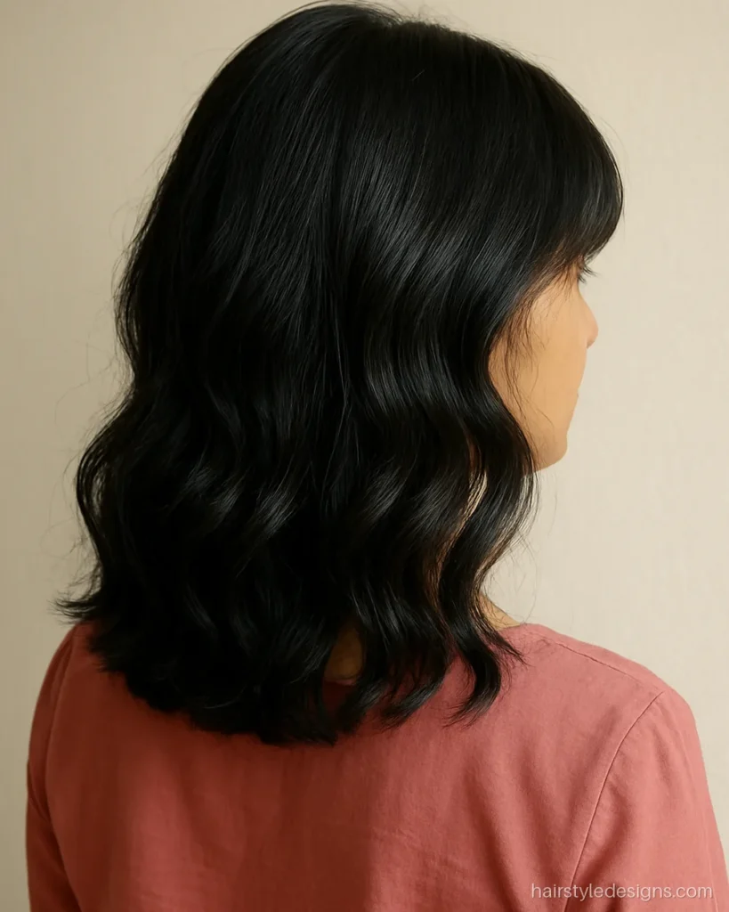 Long face hairstyle female with curtain bangs and wide soft waves