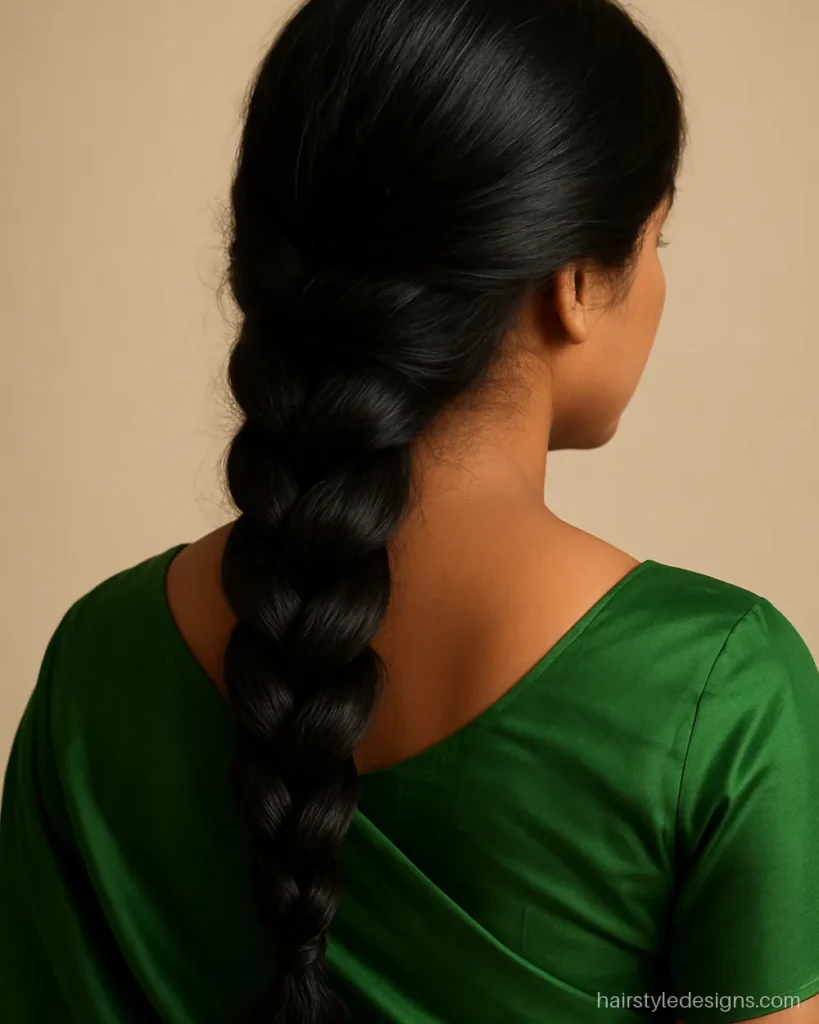 Long face hairstyle female with a loose side braid and puffed sides