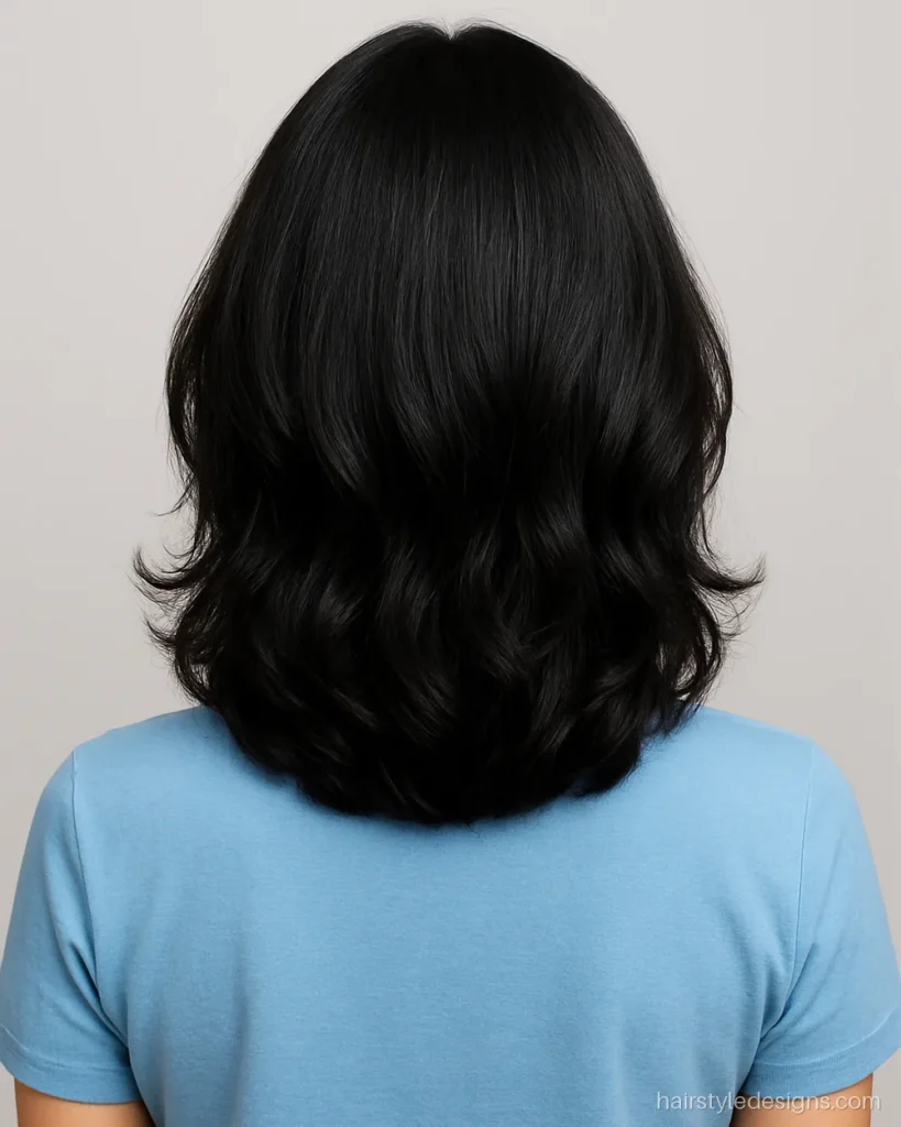 Long face hairstyle girl with a wavy shoulder length cut and side volume