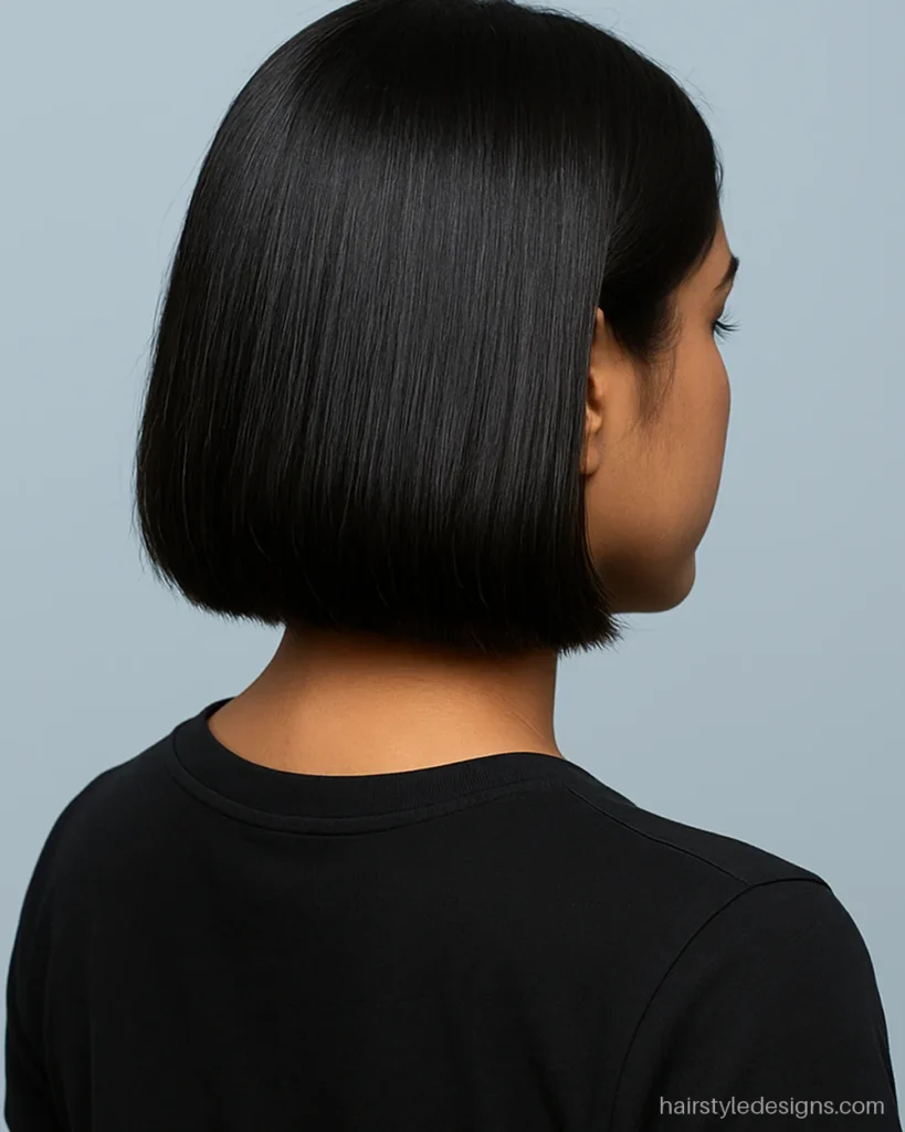 Oval face hairstyle female with a sleek blunt bob at chin length
