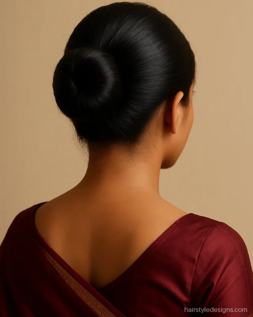 Hairstyle for oval face women with a sleek high bun for saree days