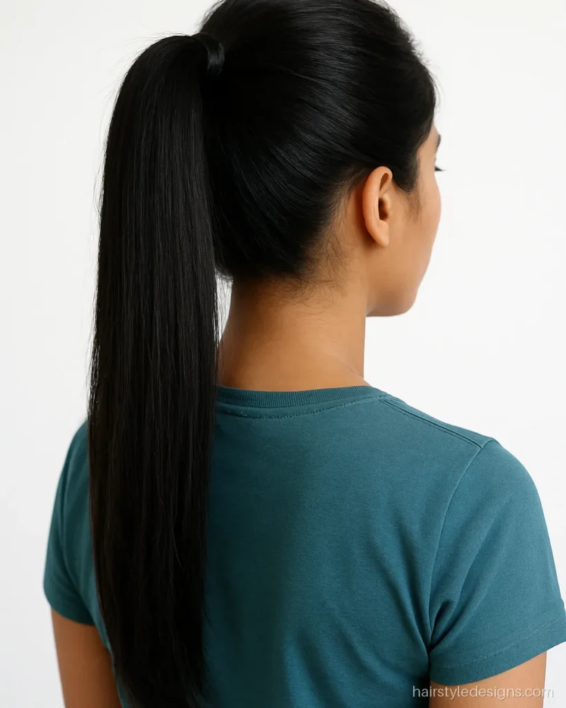 Round shape face hairstyle female with a high ponytail and crown volume