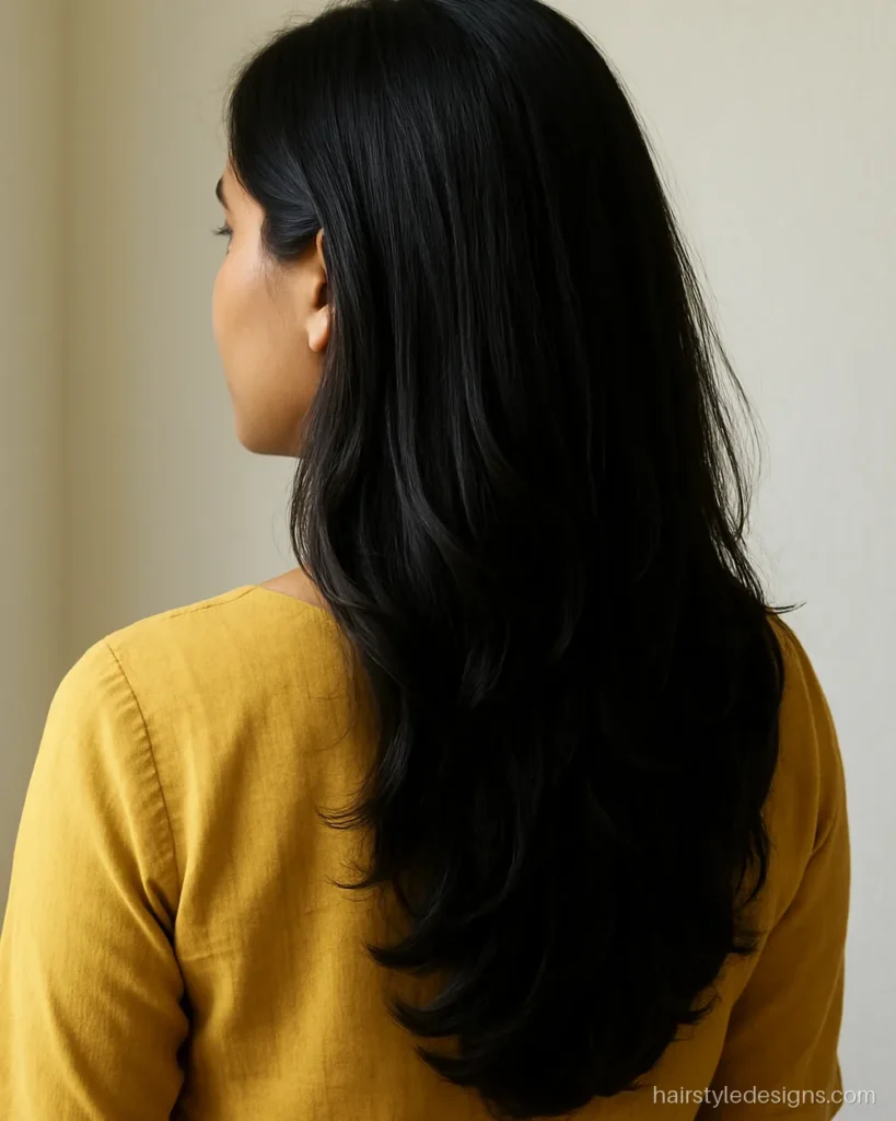 Round face hairstyle for women with long face-framing layers and a side part