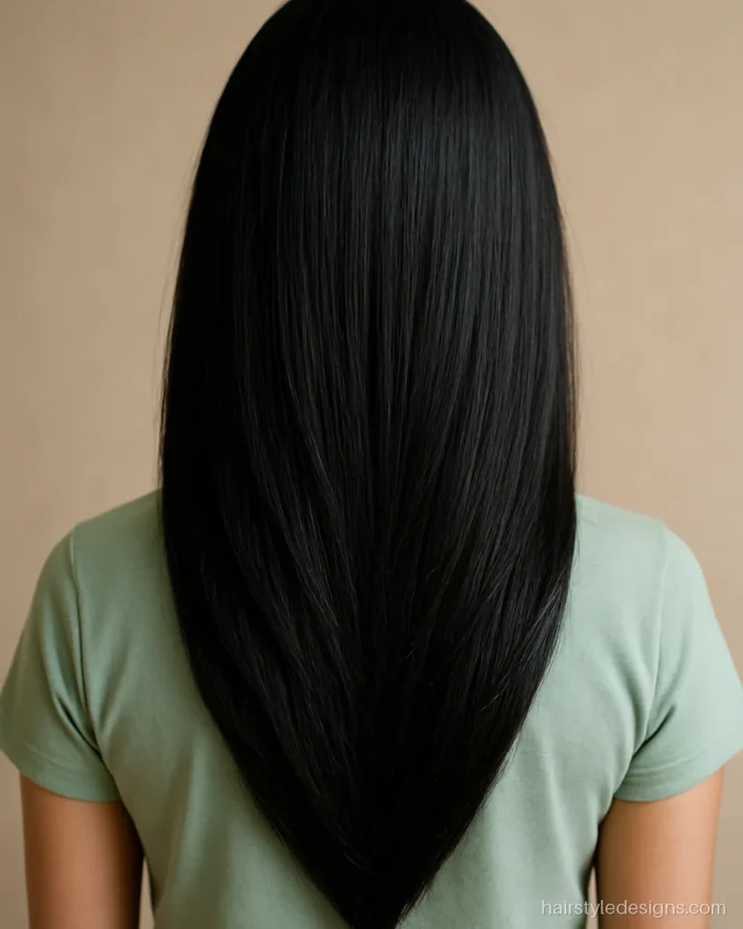 Hairstyle for round face women with a long V cut and soft layers