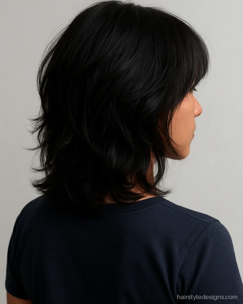 Square shape face hairstyle female with a layered shag and wispy curtain bangs