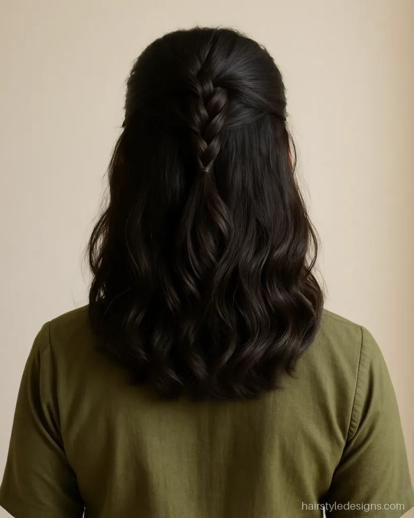 Long hair girl hairstyle for college with a short French braid half-up