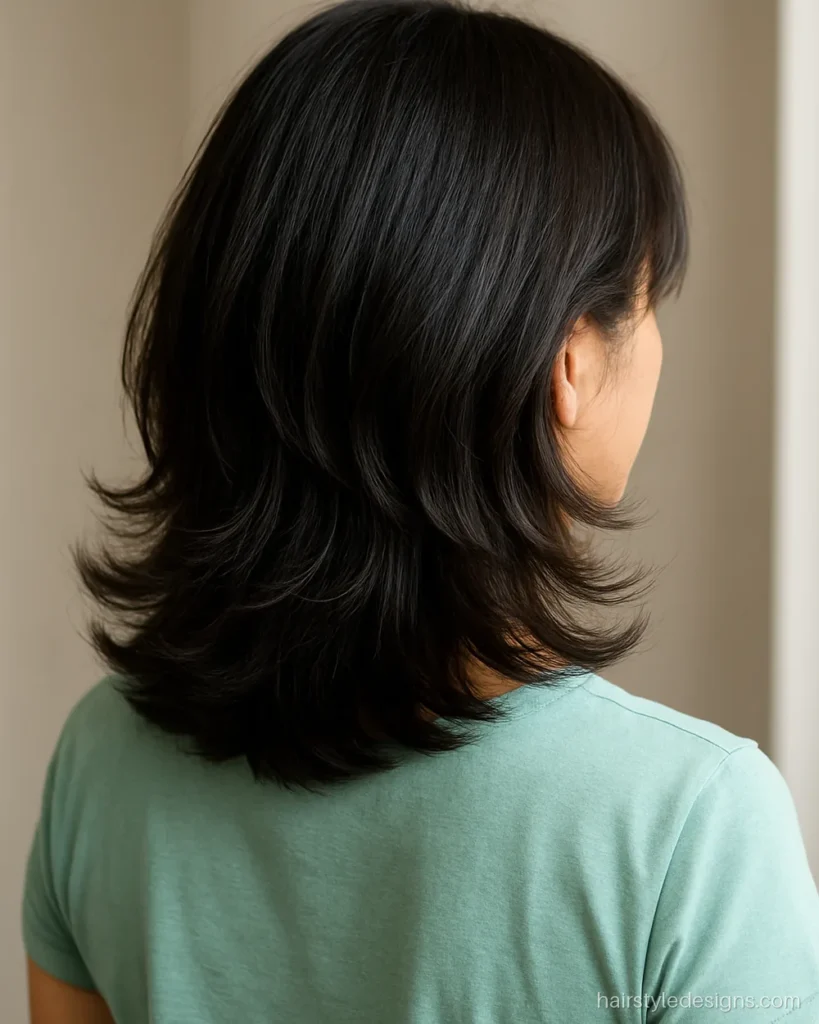 Layer cut hairstyle girl with medium hair and soft outward flicks