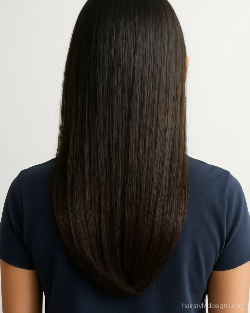 Long hair U cut hairstyle with a soft rounded shape at the back