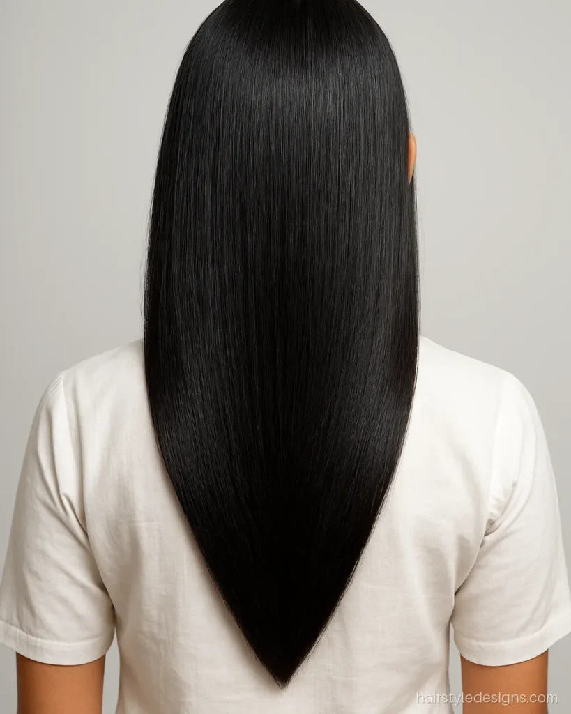 V cut hairstyle girl with long straight hair ending in a sharp point