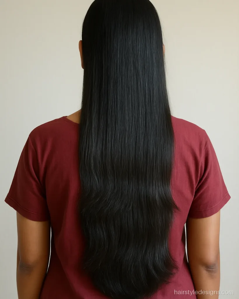 Step cut hairstyle with three clear steps on long straight hair