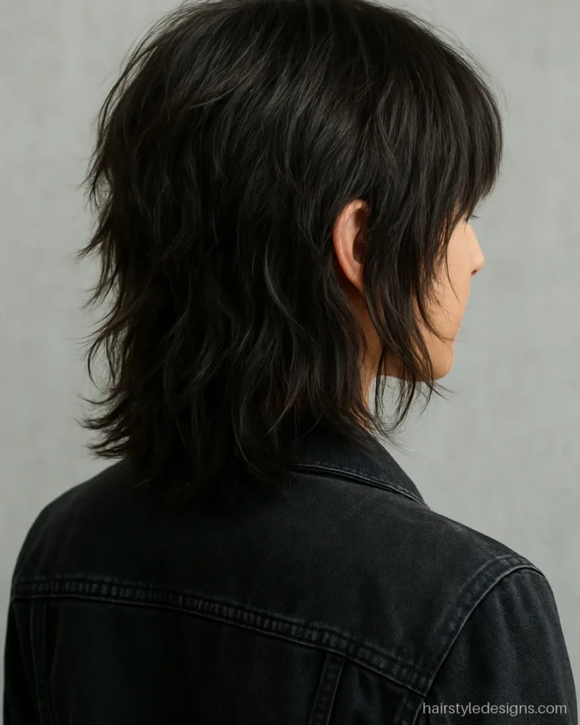 Wolf cut hairstyle girl with shaggy crown layers and wispy ends