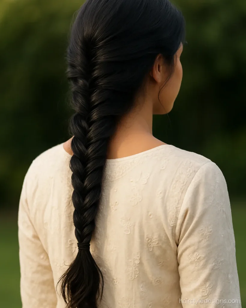 Easy hairstyle for girls with a loose fishtail braid over one shoulder