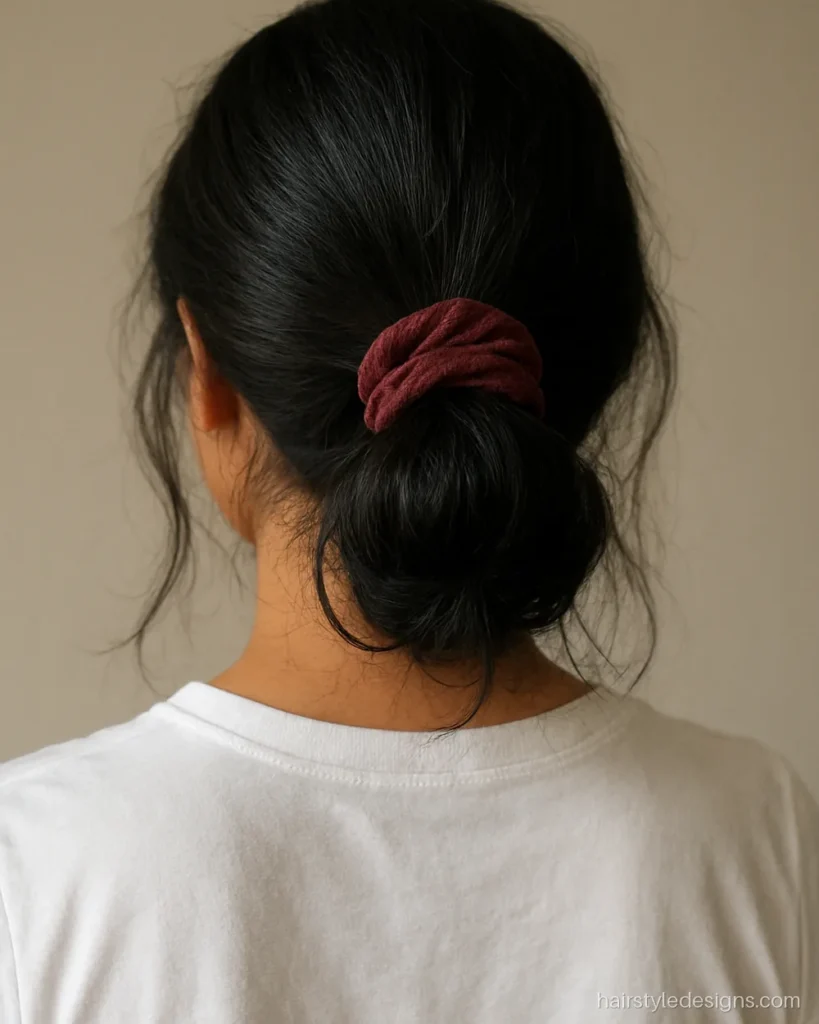 Messy low bun girls hairstyle tied with a soft fabric scrunchie at the nape