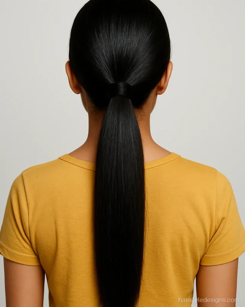 Girls hairstyle with a sleek low ponytail and a strand wrapped around the band
