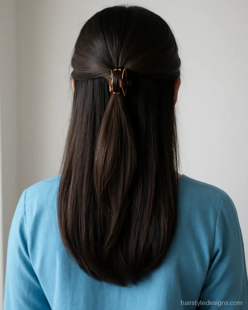 Simple hairstyle for girls with two twisted side sections held by a claw clip