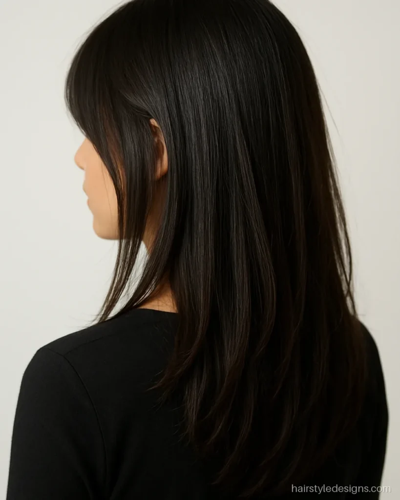 Soft curtain bangs hairstyle with long layers and a middle part