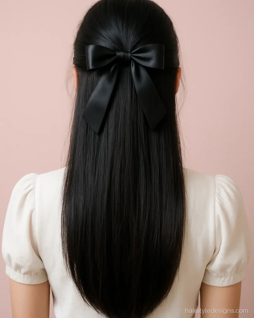 Korean hairstyle for girls with half-up hair tied in a black ribbon
