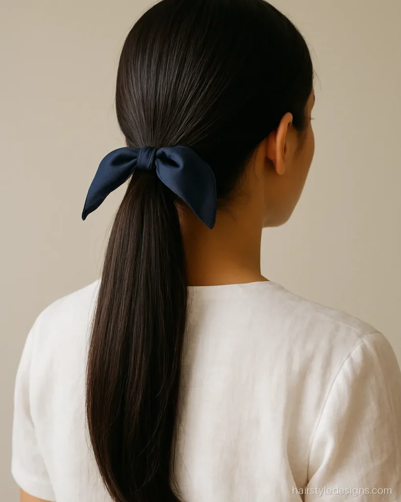 Women hairstyle with a low ponytail tied with a plain silk scarf bow