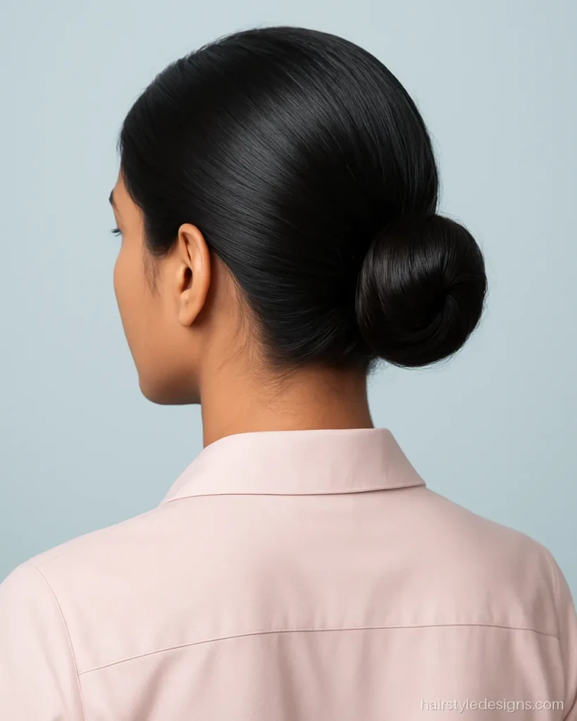 Hairstyle for women with a deep side part and a smooth mid bun