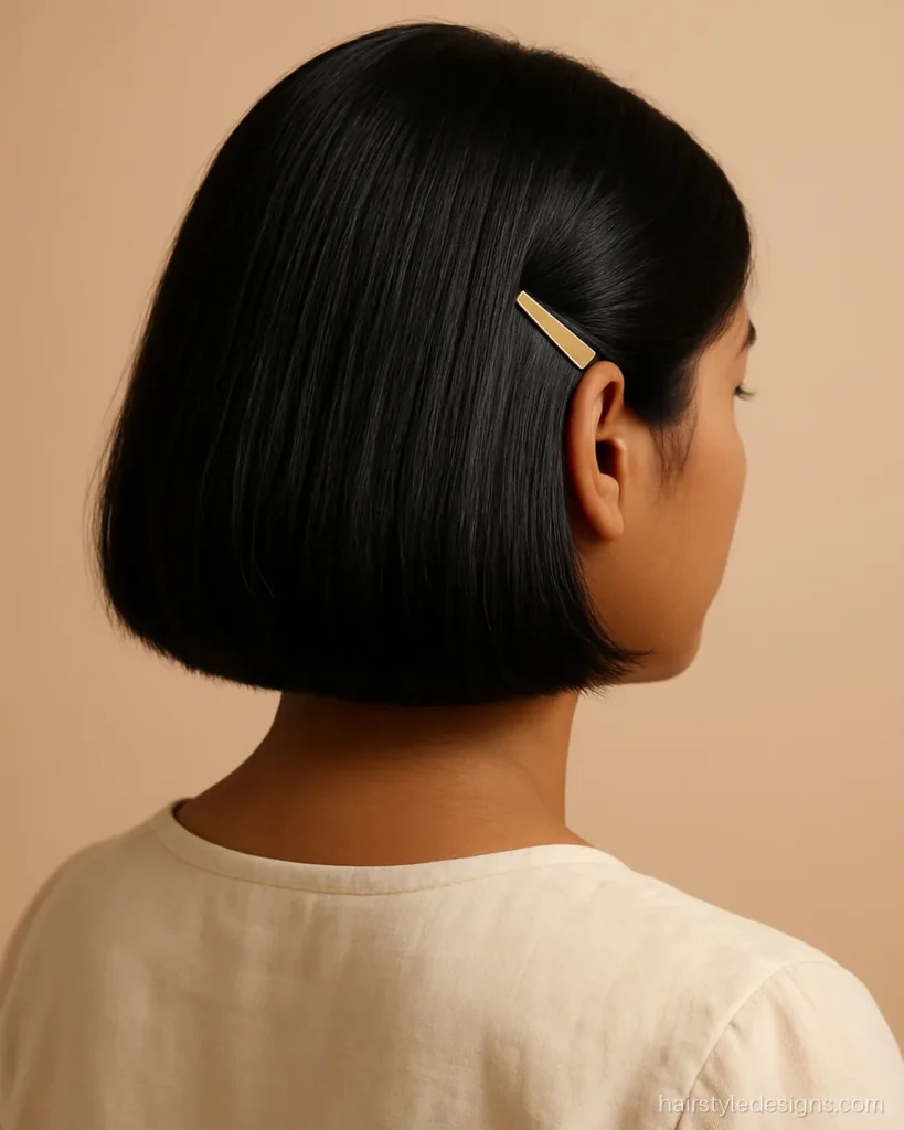 Bob cut hairstyle for girls with a deep side part and a gold clip