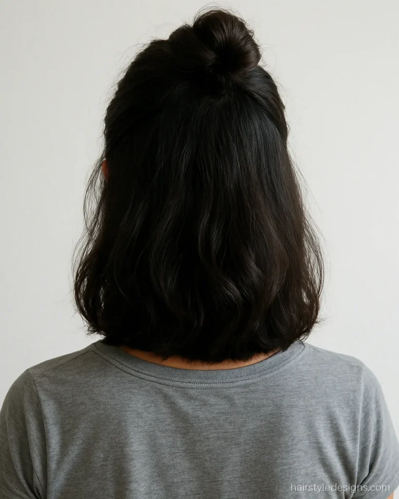 Short hair hairstyle for girls with a small half-up top knot